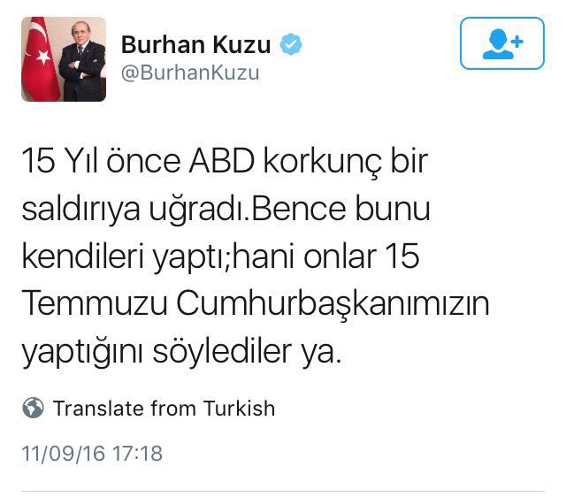 burhan kuzu tweet twitter conselheiro erdogan turquia 11 setembro encenado eua estados unidos 9/11