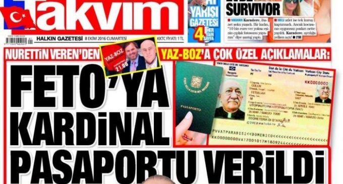 Jornal pró-governo alega com imagem editada que Gulen tem passaporte do Vaticano