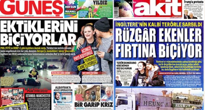 Jornais turcos pró-governo dizem que atentado em Manchester foi resultado do apoio do RU ao ISIL